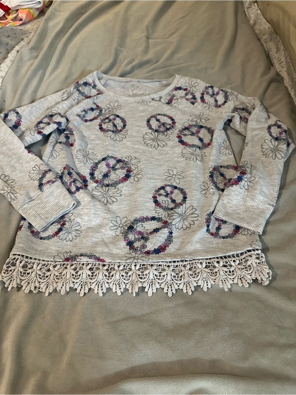 Justice Girls' Gray Floral Peace Sign Lace-Hem Top